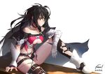  2016 bandaged_arm bandages bare_shoulders belt black_choker black_hair black_legwear boots breasts choker collarbone dated highres long_hair medium_breasts messy_hair navel orokanahime signature sitting solo tales_of_(series) tales_of_berseria thighhighs torn_clothes torn_legwear underboob velvet_crowe yellow_eyes 