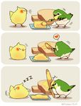  3koma bird bread butter closed_eyes cockatiel comic era_(traveling_bird) food heart japanese_white-eye knife no_humans open_mouth original slice_of_bread spoken_heart twitter_username zzz 