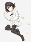  black_hair black_legwear black_ribbon from_above grey_background grey_eyes kokoro_ga_sakebitagatterunda. long_hair looking_at_viewer lying naruse_jun no_shoes on_side pantyhose pleated_skirt ribbon school_uniform shirt simple_background skirt solo uehara_yukihiko white_shirt white_skirt 