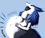  2016 anthro belly big_belly blue_fur female fluffy fur looking_at_viewer navel open_mouth sergal simple_background smile solo text vore waismuth white_fur 