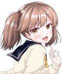  alternate_costume arched_back arm_at_side bangs blush bow breasts brown_hair colored_eyelashes commentary eyebrows_visible_through_hair from_side hair_between_eyes hair_bow kantai_collection kirigakure_(kirigakure_tantei_jimusho) leaning_forward looking_at_viewer no_hat no_headwear open_mouth ryuujou_(kantai_collection) school_uniform serafuku simple_background small_breasts solo tongue twintails upper_body yellow_eyes 