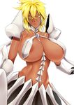  &gt;:( areola_slip areolae arrancar bleach blonde_hair blush breasts collarbone commentary_request cowboy_shot dark_skin espada facial_mark frown gloves green_eyes hair_between_eyes huge_breasts janong looking_at_viewer navel pauldrons resurreccion revealing_clothes simple_background solo tier_harribel v-shaped_eyebrows white_background white_gloves 