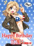  1girl ;d american_flag_bikini bikini black_footwear blonde_hair blue_eyes boots breasts brown_jacket character_name cleavage commentary_request cowboy_shot dated english_text eyebrows_visible_through_hair flag_print gesture girls_und_panzer hair_intakes hand_in_pocket happy_birthday jacket kay_(girls_und_panzer) large_breasts leg_up light_blush long_hair looking_at_viewer military military_uniform navel no_pants notice_lines one_eye_closed oosaka_kanagawa open_clothes open_jacket open_mouth saunders_military_uniform side-tie_bikini skindentation smile solo standing standing_on_one_leg star starry_background swimsuit thighhighs uniform white_legwear 