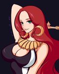  2016 absurdres artist_name baccarat_(one_piece) blue_background breasts cleavage coin dated earrings green_eyes highres jewelry large_breasts long_hair money necklace oliv one_piece one_piece_film_gold red_hair simple_background solo teeth upper_body 