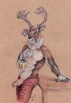  anthro athletic cervine circumcised clothed clothing coffee_mug dripping ear_piercing frenum_ladder frenum_piercing genital_piercing glans grog leaning leaning_back looking_at_viewer male mammal navel neverwolf pajama_bottoms pencil_(artwork) penis penis_piercing piercing pinup poking_out pose precum reindeer signature simple_background solo topless traditional_media_(artwork) vein veiny_penis 