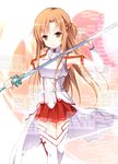  asuna_(sao) breastplate brown_eyes brown_hair holding holding_sword holding_weapon long_hair looking_at_viewer pleated_skirt red_skirt skirt solo sword sword_art_online thighhighs uehara_yukihiko weapon white_legwear 