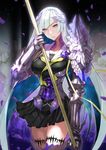  armor brynhildr_(fate) fate/grand_order fate/prototype fate/prototype:_fragments_of_blue_and_silver fate_(series) gauntlets holding holding_weapon lloule long_hair looking_at_viewer petals polearm purple_eyes silver_hair solo spear very_long_hair weapon 