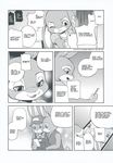  2016 anthro black_and_white bonnie_hopps cellphone clothed clothing comic dialogue disney english_text female group hard_translated hi_res inumimi_moeta judy_hopps lagomorph male mammal manga monochrome phone rabbit stu_hopps text zootopia 