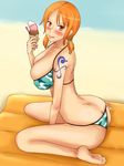  1girl ass bare_shoulders bikini blush breasts brown_eyes butt_crack cleavage earrings erect_nipples ice_cream jewelry large_breasts licking licking_lips long_hair looking_at_viewer momo_765 nami_(one_piece) one_piece orange_hair panties popsicle rirakukan shiny shiny_skin sideboob smile solo swimsuit tattoo tongue tongue_out twintails underwear wariza 