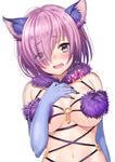  :d absurdres akafuku_daifuku animal_ears blue_gloves blush bow breasts dangerous_beast elbow_gloves eyebrows eyebrows_visible_through_hair eyelashes eyes_visible_through_hair fang fate/grand_order fate_(series) fur_trim gloves hair_over_one_eye halloween_costume hand_on_own_chest highres large_breasts looking_at_viewer mash_kyrielight navel o-ring o-ring_top open_mouth pink_bow purple_eyes purple_hair shiny shiny_skin short_hair simple_background smile solo stomach underboob upper_body white_background wolf_ears 