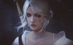  1girl ciri face female gradient gradient_background green_eyes lips looking_at_viewer parted_lips raikoart realistic scar short_hair silver_hair solo sword the_witcher the_witcher_3 upper_body wallpaper weapon 