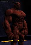  2015 3d_(artwork) abs balls biceps big_muscles daz3d demon digital_media_(artwork) drooling glowing hellwarden lava looking_at_viewer looking_pleasured male monster muscular navel nipple_piercing nipples not_furry open_mouth orange_eyes pecs penis piercing ragnarokkr saliva solo teeth tongue tongue_out 