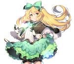  anpolly atelier_(series) atelier_shallie black_bloomers blonde_hair bloomers bow closed_mouth cowboy_shot curly_hair frills frown gloves green_bow green_eyes green_skirt hair_bow long_hair miruca_crotze shawl simple_background skirt solo underwear white_background 