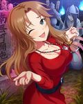  artist_request blue_eyes blush bracelet breasts brown_hair cleavage dress graveyard hitodama idolmaster idolmaster_cinderella_girls jewelry large_breasts long_hair matsumoto_sarina multiple_girls necklace official_art one_eye_closed open_mouth red_dress smile tombstone 