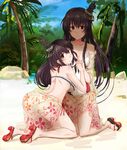  absurdres ass bare_shoulders beach bikini black_hair blurry breasts covered_navel day depth_of_field floral_print forest frown fusou_(kantai_collection) hair_between_eyes hair_ornament highres holding_hands interlocked_fingers kantai_collection kneeling large_breasts leaning_forward long_hair looking_at_viewer midriff multicolored multicolored_clothes multicolored_swimsuit multiple_girls nature one-piece_swimsuit palm_tree red_eyes rock sandals sarong see-through short_hair sketch smile swimsuit thighs tree white_bikini white_swimsuit yamashiro_(kantai_collection) yinzhai 