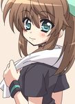  blue_eyes blush brown_hair fuuka_reventon long_hair looking_at_viewer lyrical_nanoha ponytail san-pon shiny shiny_hair shirt sidelocks simple_background solo t-shirt towel vivid_strike! 