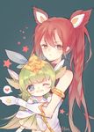  2girls alternate_costume alternate_hair_color alternate_hairstyle animal_ears gloves green_hair jinx_(league_of_legends) league_of_legends lulu_(league_of_legends) magical_girl multiple_girls red_hair star_guardian_jinx star_guardian_lulu tied_hair twintails wink yordle 