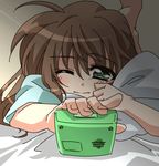  alarm_clock bed_sheet blush brown_hair clock fuuka_reventon green_eyes hair_down long_hair lying lyrical_nanoha on_stomach san-pon shiny shiny_hair sleepy solo sunlight vivid_strike! 