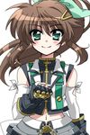  blush brown_hair fingerless_gloves fuuka_reventon gloves green_eyes hair_ornament hair_ribbon hairclip long_hair looking_at_viewer lyrical_nanoha midriff navel ponytail ribbon san-pon sidelocks smile solo vest vivid_strike! 