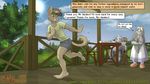  2016 abs age_difference anthro barefoot beverage blonde_hair blue_eyes brown_eyes brown_fur brush canine cat clothed clothing comic cookie cup digital_media_(artwork) equine eye_through_hair eyewear faf feline female food forest fur green_eyes hair lagomorph male mammal pink_nose plant rabbit reading running shirt shorts sitting smile standing table teeth text translucent_hair tree 