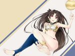  anklet arm_up armpits bangs bare_shoulders barefoot black_hair black_ribbon blue_legwear breasts collar earrings eyebrows eyebrows_visible_through_hair fate/grand_order fate_(series) gold_trim hair_ribbon heavenly_boat_maanna highres ishtar_(fate/grand_order) jewelry knees_together_feet_apart legs long_hair long_legs looking_at_viewer medium_breasts midriff open_mouth pointing pointing_up red_eyes ribbon silver_(chenwen) simple_background single_thighhigh smile soles solo stirrup_legwear striped striped_background teeth thighhighs thighs toeless_legwear toes two_side_up venus_(planet) very_long_hair 