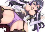  1girl annoyed artist_request ass black_hair blue_eyes blush breasts bridal_gauntlets dress from_below garter_straps isabelle_(shadowverse) large_breasts long_hair looking_at_viewer looking_down multicolored_hair open_mouth panties shadowverse shiny shiny_hair shiny_skin short_dress silver_hair skin_tight solo sweatdrop thighhighs two-tone_hair 