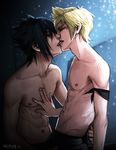 2boys abs against_wall black_hair blonde_hair final_fantasy final_fantasy_xv kiss licking looking_at_viewer male_focus multiple_boys noctis_lucis_caelum prompto_argentum tongue topless undressing yaoi 