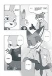  2016 anthro black_and_white bulletproof_vest canine clothed clothing comic dialogue disney duo english_text female fox hard_translated hi_res inumimi_moeta judy_hopps lagomorph male mammal manga monochrome nick_wilde police_uniform rabbit text uniform zootopia 