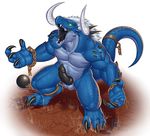  2016 3_toes 4_fingers abs ankle_cuffs anthro ball balls barbed_penis biceps black_penis black_tongue blue_balls blue_scales blue_tail chain claws digital_media_(artwork) dragon empty_eyes erection full-length_portrait hair hi_res horn long_tail male muscular muscular_male nude open_mouth pecs penis portrait pose roaring rollwulf saliva scales scalie shackles sharp_teeth signature simple_background sine_ferlong solo spikes standing tail_cuff teeth toe_claws toes tongue white_background white_hair white_horn yellow_eyes 