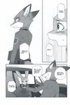  2016 anthro black_and_white bulletproof_vest canine car clothed clothing comic dialogue disney duo english_text female fox hard_translated hi_res inumimi_moeta judy_hopps lagomorph male mammal manga monochrome nick_wilde police_uniform rabbit text uniform vehicle zootopia 