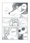  2016 anthro bandage black_and_white canine clothed clothing comic dialogue disney english_text eyewear female finnick fox group hard_translated hi_res inumimi_moeta judy_hopps lagomorph male mammal manga monochrome nick_wilde rabbit sunglasses text zootopia 