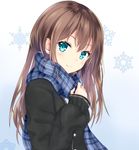  aqua_eyes bad_id bad_twitter_id blush brown_hair ear_piercing idolmaster idolmaster_cinderella_girls long_hair looking_at_viewer momoi piercing scarf shibuya_rin snowflake_background snowflakes solo upper_body winter_clothes 