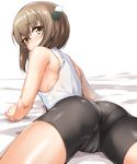  ass bike_shorts blush brown_eyes brown_hair headband headgear highres ipuu_(el-ane_koubou) kantai_collection looking_back lying on_stomach panties_under_bike_shorts pantylines short_hair sleeveless solo taihou_(kantai_collection) white_background 