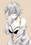  black_bra blush bra breasts brown_background brown_eyes cardigan cleavage collarbone grey_eyes grey_hair hair_between_eyes hand_in_hair hand_up highres jitome large_breasts light_frown looking_at_viewer matsuda_hikari navel original short_hair silver_hair simple_background sketch sleeves_past_wrists solo underwear upper_body waking_up 