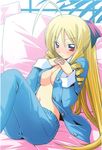  1girl ahoge bed bed_sheet blonde_hair blush breasts cleavage drill_hair hayate_no_gotoku! long_hair looking_at_viewer navel open_clothes pajamas pillow red_eyes sleepwear tennousu_athena window 