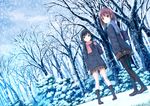  black_hair black_legwear blue_skirt brown_gloves brown_hair day forest gloves long_hair looking_at_viewer multiple_girls nature original outdoors pantyhose pleated_skirt red_scarf scarf short_hair skirt snow tree uehara_yukihiko 