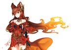  92m animal_ears anthuria bare_shoulders breasts dress elbow_gloves erune gloves gradient_hair granblue_fantasy hair_ornament long_hair looking_at_viewer multicolored_hair orange_hair red_dress red_eyes red_hair simple_background single_glove small_breasts solo white_background 