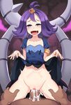  1girl acerola_(pokemon) armlet blue_dress blue_eyes blush bottomless censored clothed_female_nude_male covered_nipples cowgirl_position cum cum_in_pussy dark_skin dark_skinned_male dress dress_lift drooling elite_four flat_chest flipped_hair girl_on_top hair_ornament hairclip happy_sex heart heart_censor hetero indoors leg_grab lifted_by_self looking_at_viewer looking_down navel nude onigensou open_mouth penis pokemon pokemon_(game) pokemon_sm pov purple_hair pussy sex short_hair short_sleeves skirt solo_focus spread_legs stomach_bulge straddling sweat tears topknot trial_captain vaginal 