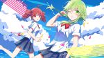  2girls ahoge azaka_(pipponao) blue_sky cloud commentary_request dress_shirt drill_hair green_hair gumi kasane_teto light_blush looking_at_viewer looking_to_the_side medium_hair multiple_girls ocean one_eye_closed open_mouth red_hair red_neckwear running shirt sidelocks skirt sky utau vocaloid 