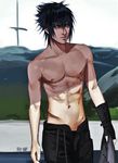 1boy abs black_hair final_fantasy final_fantasy_xv looking_away male_focus noctis_lucis_caelum outdoors solo topless undressing 