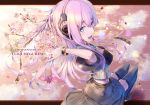  1girl anniversary arms_behind_head blue_eyes bracelet breasts cherry_blossoms cleavage commentary from_behind headphones highres jewelry long_hair looking_back magzz medium_breasts megurine_luka megurine_luka_(vocaloid4) pink_hair sitting smile solo thighhighs vocaloid 