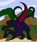  amphibian anus black_skin blush detailed_background female forest mountain nintendo outside palm_tree pink_skin pok&eacute;mon presenting purple_eyes purple_skin pussy raised_leg rear_view salazzle seductive sky solo telem tongue tongue_out tree video_games 