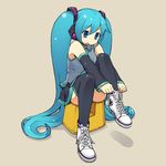 blue_eyes blue_hair chan_co converse full_body hatsune_miku highres long_hair putting_on_shoes shoes sitting sneakers solo stool thighhighs twintails very_long_hair vocaloid 