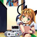  :d :o ahoge all_fours animal_ears arm_behind_back bangs bird bird_(wonder_project) blue_buruma blue_eyes blush bracelet breasts brown_hair buruma buttons cat_ears cat_tail controller eyebrows_visible_through_hair f-zero fang game_cartridge game_console game_controller gamepad green_eyes head_tilt holding_arm indoors instrument jewelry josette looking_at_viewer masao necklace ocarina on_floor open_mouth orange_hair original parted_bangs poster_(object) puffy_short_sleeves puffy_sleeves school_uniform serafuku shoes short_hair short_sleeves short_twintails small_breasts smile solo super_famicom tail tatami twintails video_game wonder_project_j2 