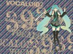  :&lt; green_eyes green_hair hatsune_miku highres long_hair mayoko necktie solo spring_onion thighhighs twintails vocaloid zettai_ryouiki 