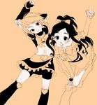  black_footwear blue_eyes blush boots brown_eyes cure_black cure_white earrings elbow_gloves flat_chest futari_wa_precure gloves half_updo inuburo jewelry knee_boots lips long_hair magical_girl midriff misumi_nagisa monochrome multiple_girls orange_(color) orange_background precure sepia short_hair thighhighs yukishiro_honoka 