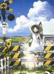  :d absurdres arm_up armpits black_eyes black_hair cloud day dress flower hair_ornament hairclip hat highres long_hair mahou_tsukai_ni_taisetsu_na_koto open_mouth railroad_crossing railroad_tracks scan shoes sky smile solo straw_hat sundress sunflower suzuki_sora watch yoshizuki_kumichi 