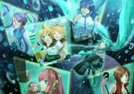  5girls animal_hat aqua_eyes aqua_hair bad_id bad_pixiv_id blonde_hair blue_eyes blue_hair blue_scarf brown_eyes brown_hair cat_hat detached_sleeves food hair_ornament hair_ribbon hairclip hat hatsune_miku ice_cream kagamine_len kagamine_rin kaito kamui_gakupo long_hair megurine_luka megurine_luka_(toeto) meiko microphone midorigawa_akari multiple_boys multiple_girls necktie peeking_out ponytail purple_hair ribbon scarf short_hair skirt smile sword takoluka toeto_(vocaloid) twintails vocaloid weapon 