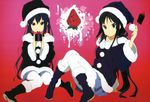  absurdres akiyama_mio black_eyes black_hair black_santa_costume boots brown_eyes christmas food fruit gift hat highres horiguchi_yukiko k-on! long_hair multiple_girls nakano_azusa non-web_source nyantype official_art santa_costume santa_hat strawberry thighhighs twintails very_long_hair 