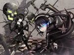  black_dress black_hair black_rock_shooter black_rock_shooter_(character) blue_eyes burning_eye chain checkered choker cross dead_master dress glowing glowing_eyes green_eyes highres horns jacket long_hair maazyu multiple_girls scythe skull twintails very_long_hair weapon wings 